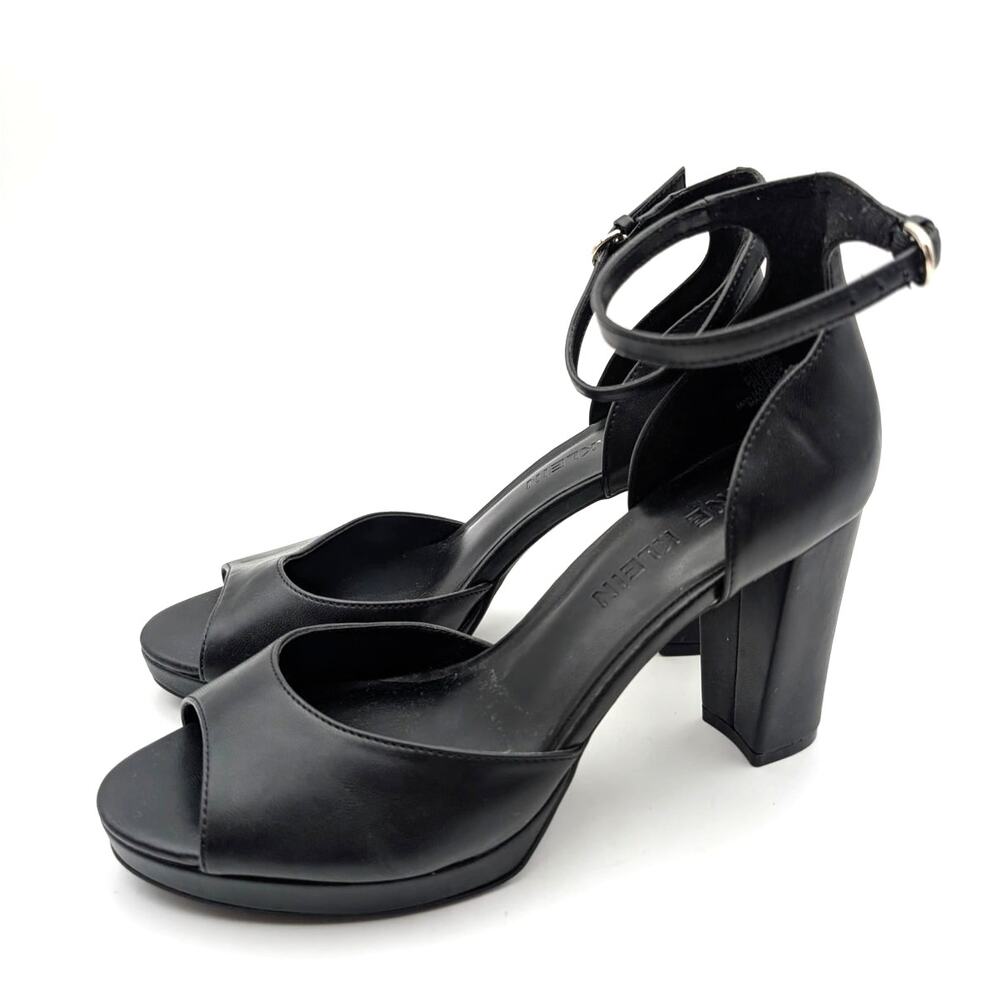 Anne Klein Vista Women's Ankle Strap Block Heels Sandals Black Size US7.5M EU38